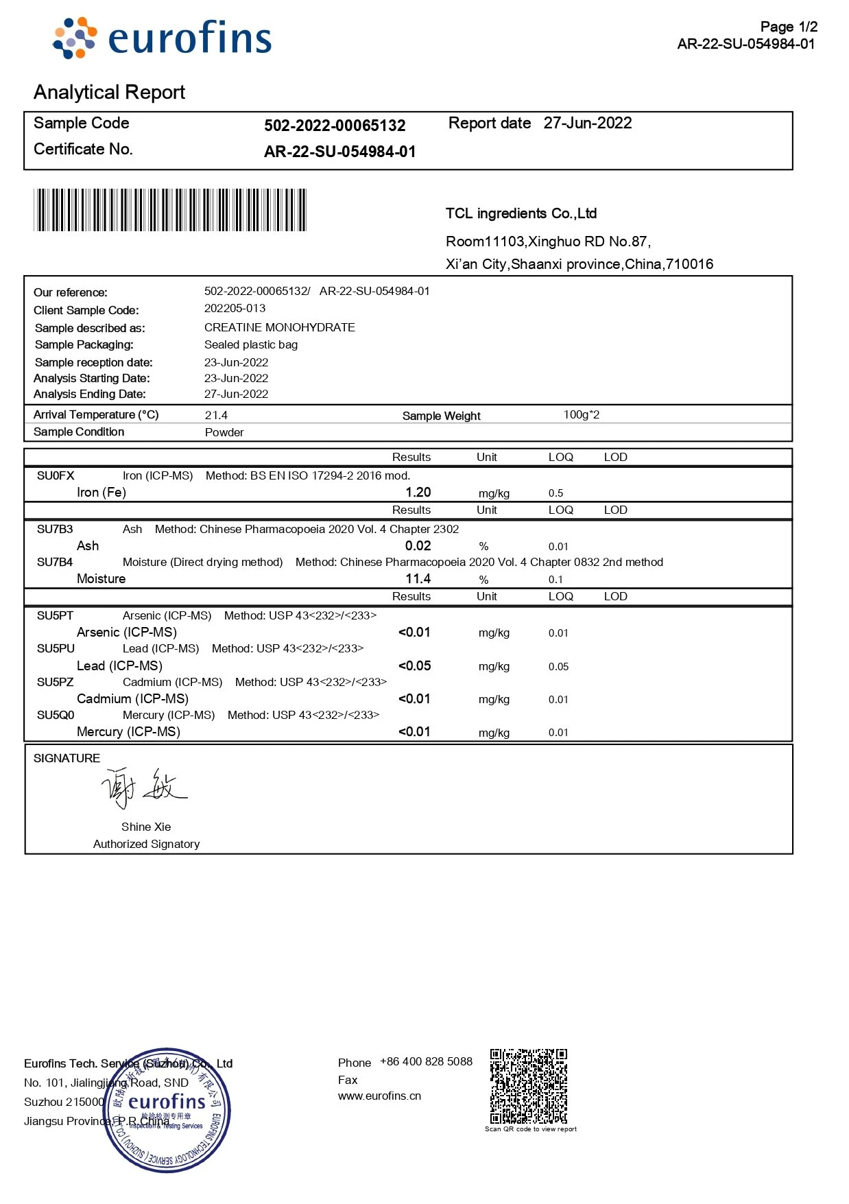 Eurofins test report